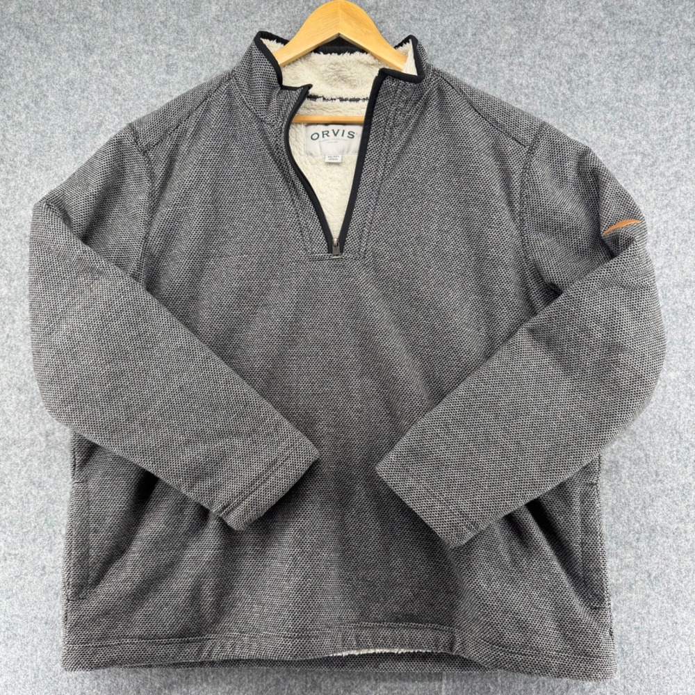 Orvis Quarter Zip Pullover Mens XXL Gray Sherpa Lined Textured Knit Sweater